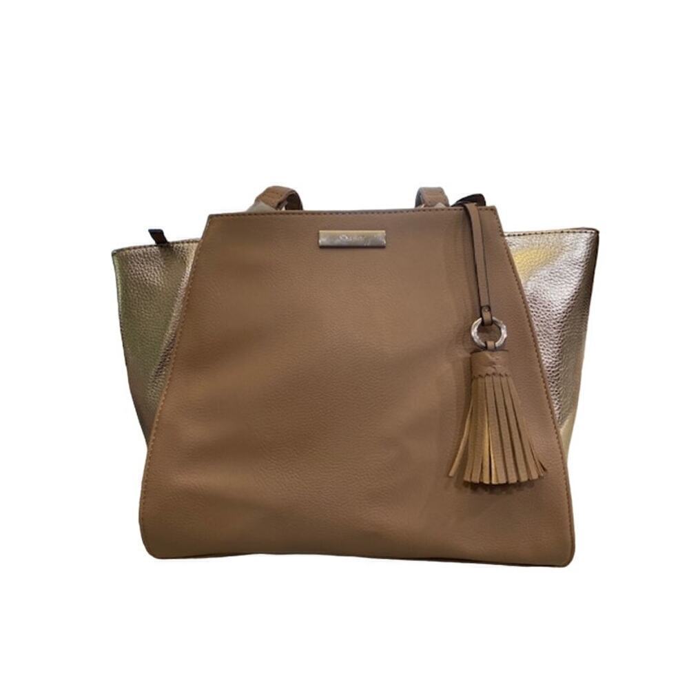 NINE WEST Taupe/Gold Faux-Leather Women's Satchel Bag NEW - Picture 3 of 11